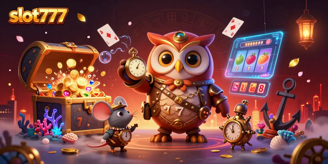 Experience the excitement of slot777 with an enchanting 3D illustration depicting colorful casino elements and characters.