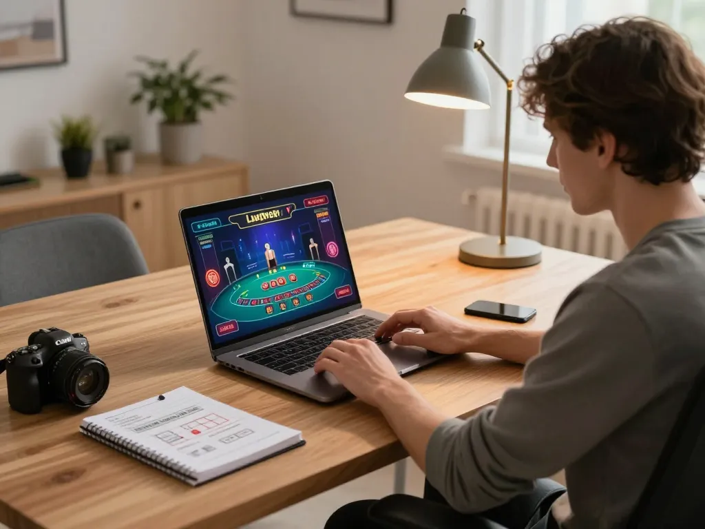 Player engaging in a live dealer blackjack game on their laptop at home, showcasing FC88 online casino strategy.