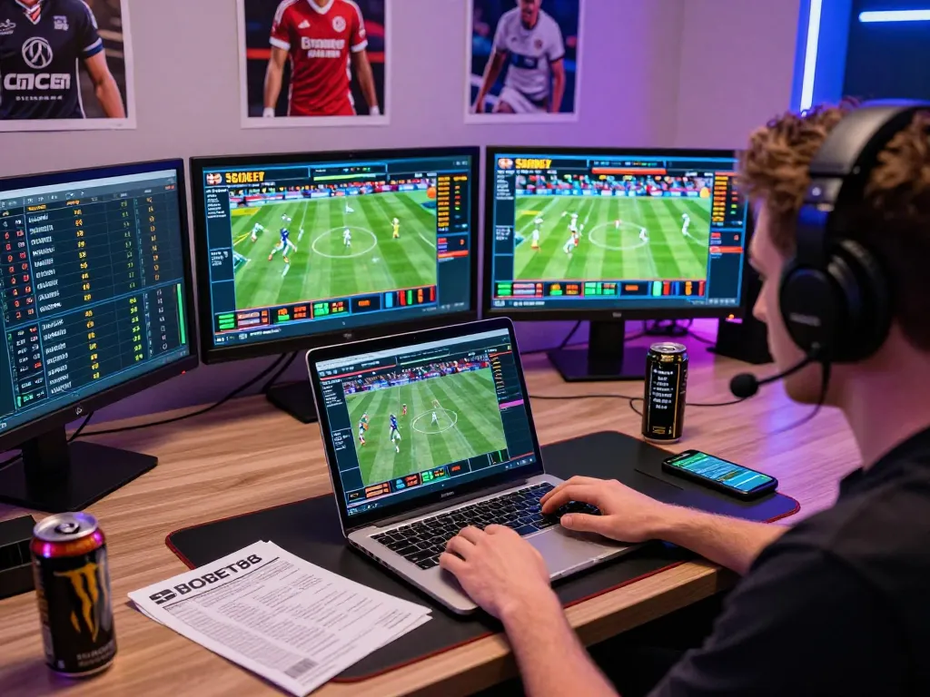 SBOBET88 online betting scene showcasing live sports events and a focused gamer in a vibrant workspace.