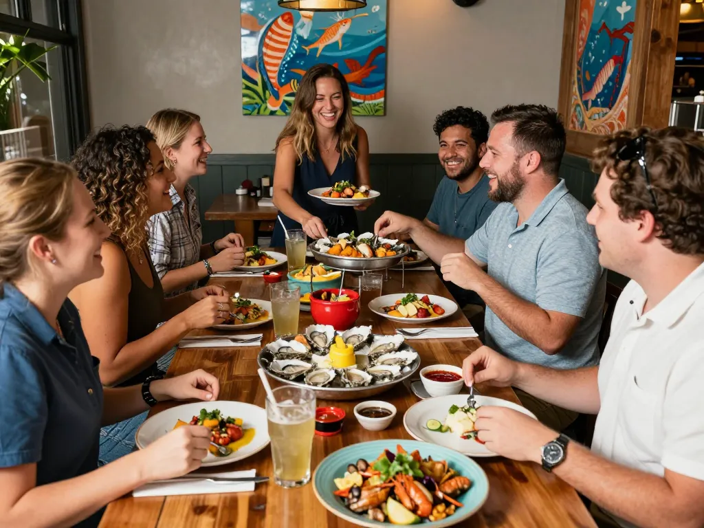 Friends enjoying seafood platters at The Shack restaurant, showcasing lively dining atmosphere.