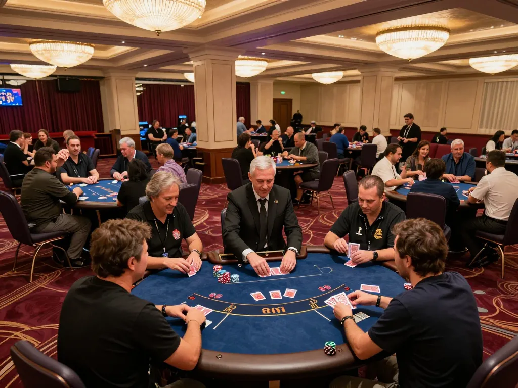 Players actively engaged at MMOO casino poker tables, enjoying a vibrant gaming atmosphere.