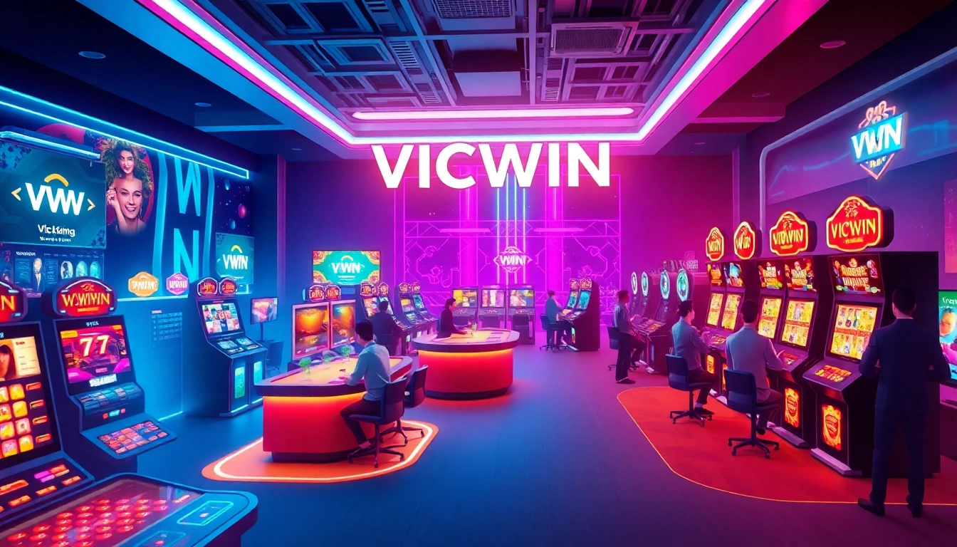 Engaging players enjoying VICWIN's diverse online gaming options in a vibrant digital casino environment.