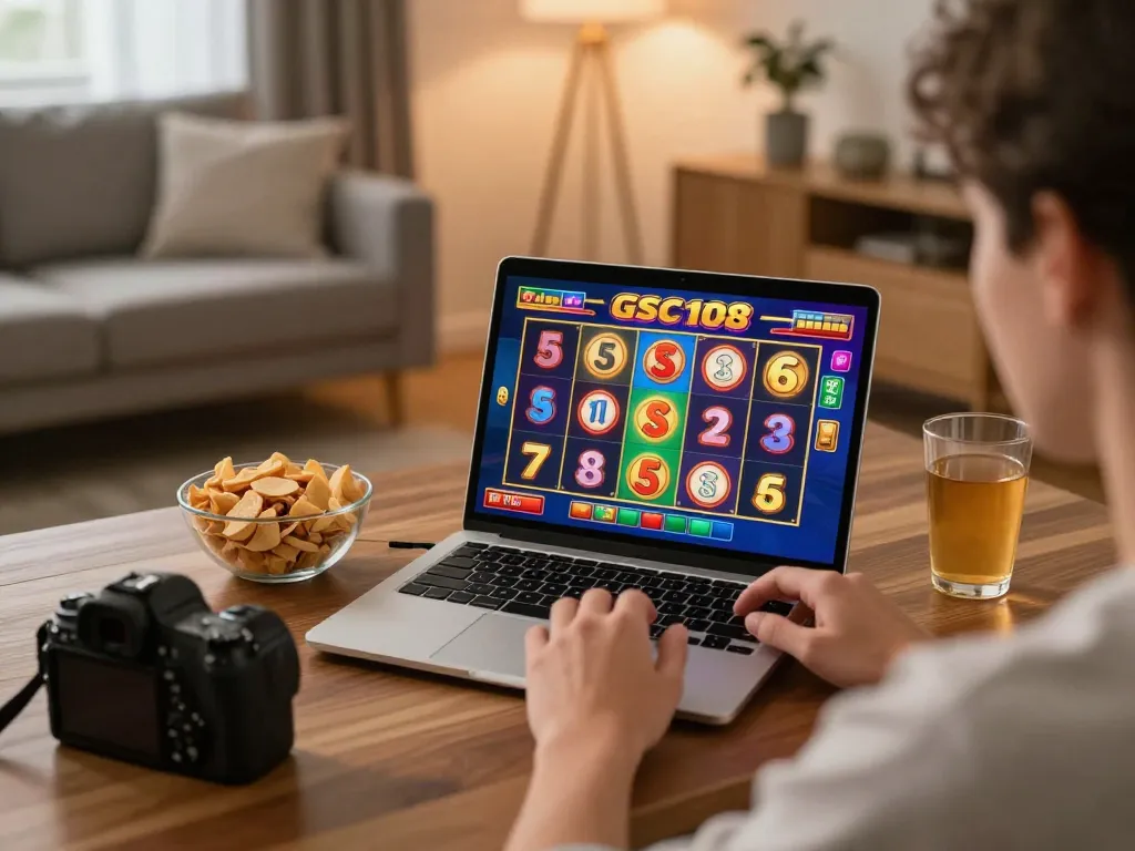 Pemain terlibat dengan slot Gsc108 di laptop dalam pengaturan permainan yang nyaman dengan pencahayaan ambient.