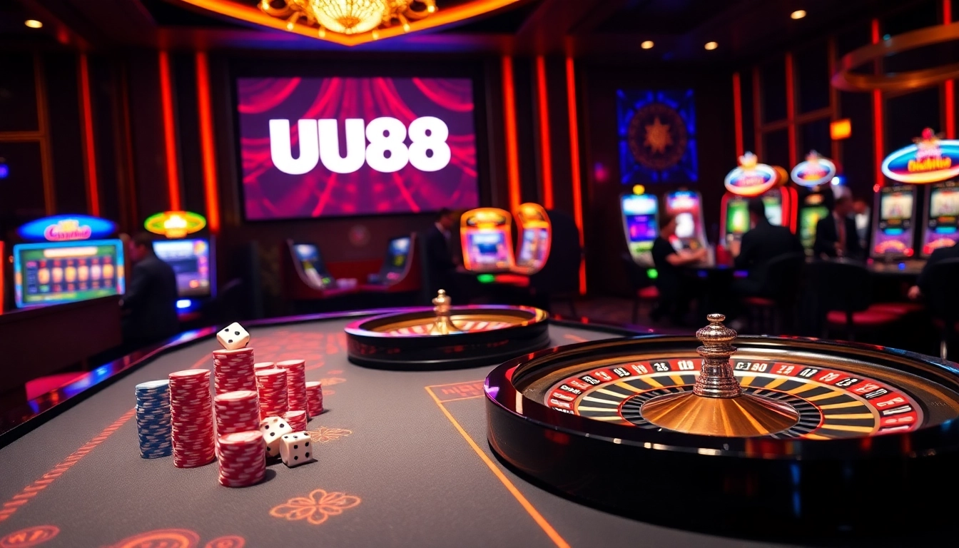 UU88 logo prominently featured in a vibrant casino scene with poker chips and roulette.