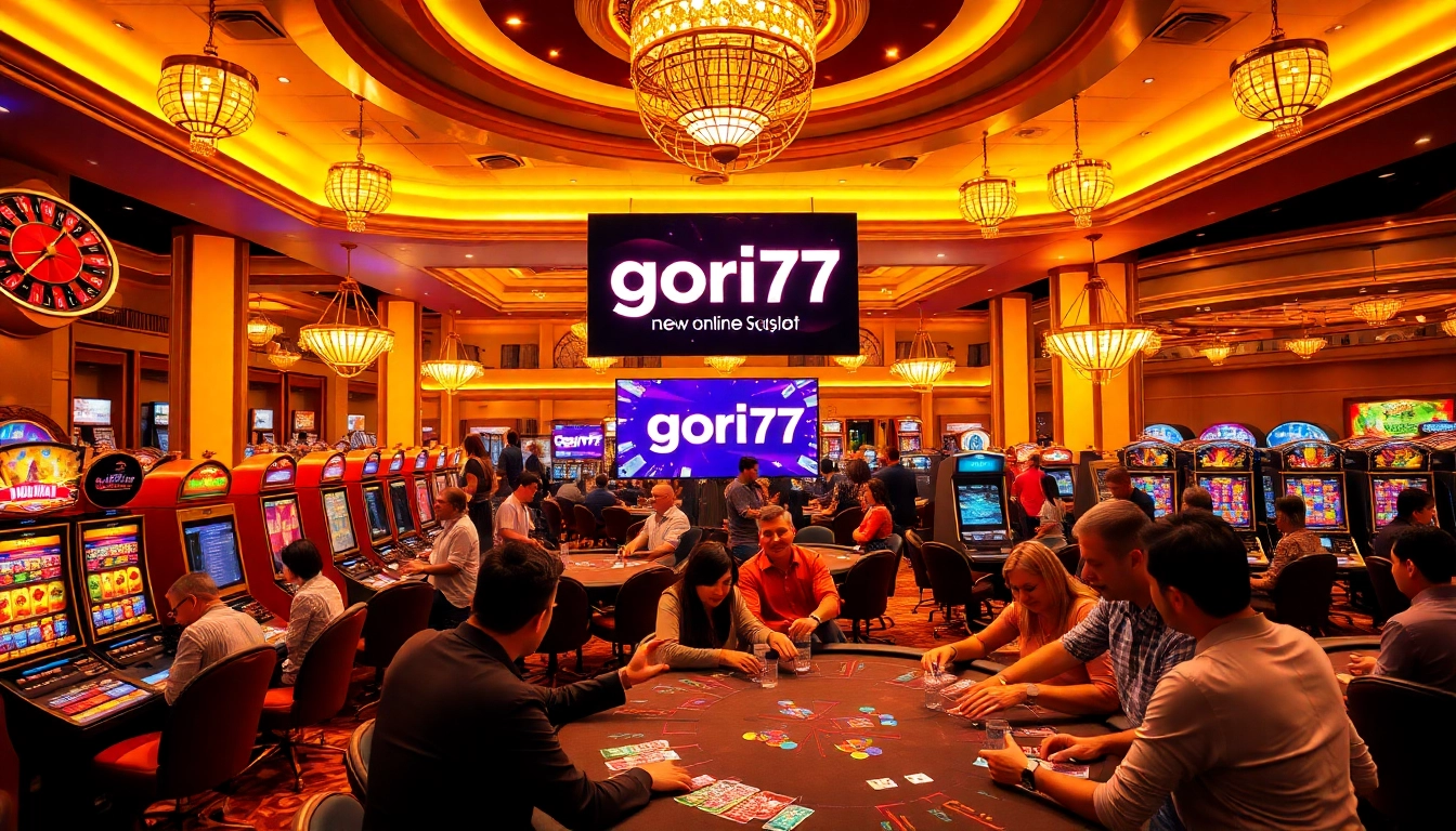 Gambling excitement at gori77 casino with players winning at slot machines and poker tables.