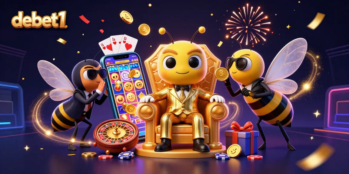 Engage in thrilling gaming with debet1's plush 3D casino scene featuring a bumblebee mob boss and festive slot visuals.