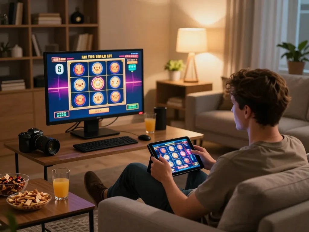Engaged player exploring god55 online casino games on a tablet in a cozy home environment.
