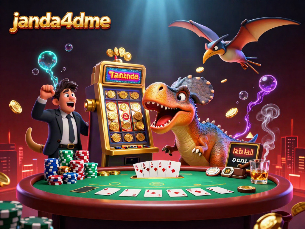 Mesin slot janda4dme membayar jackpot emas dengan karakter dino dalam suasana kasino yang ramai.