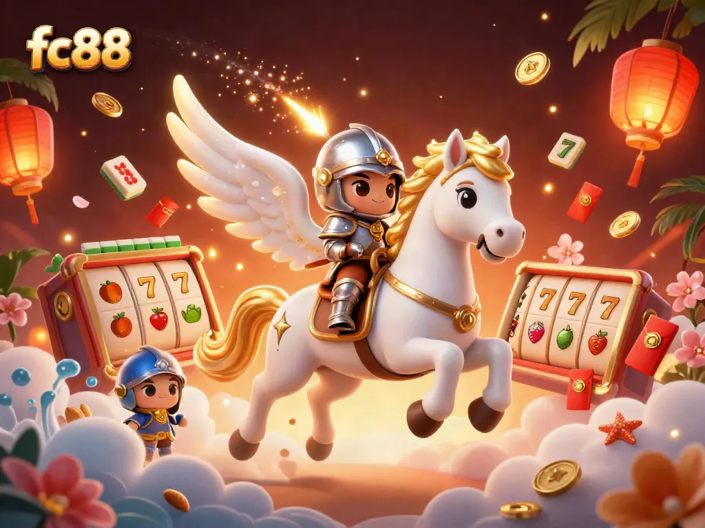 Spin the reels and win big with FC88 in this vibrant 3D casino illustration.