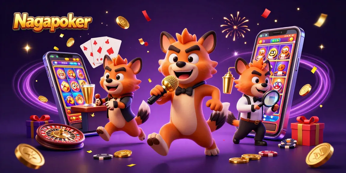 Nagapoker hyena casino scene featuring a dynamic stand-up comedian, bartender, and bouncer amidst vibrant gaming elements.