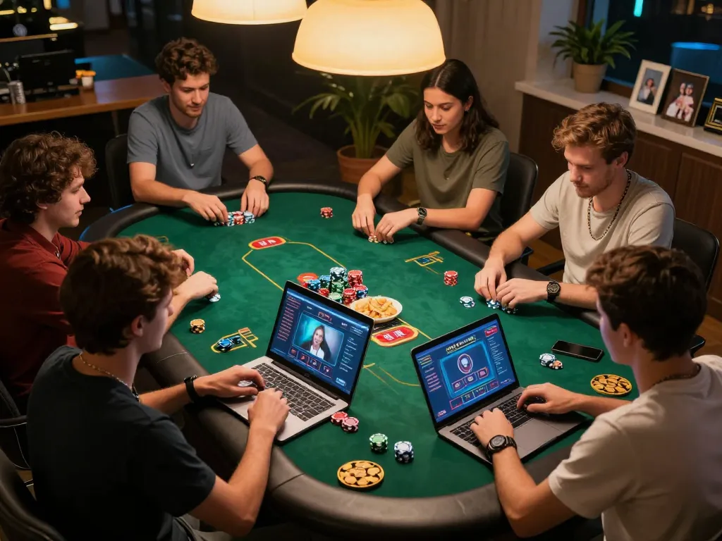 Players enjoying a poker game online with 11win, surrounded by snacks and excitement.