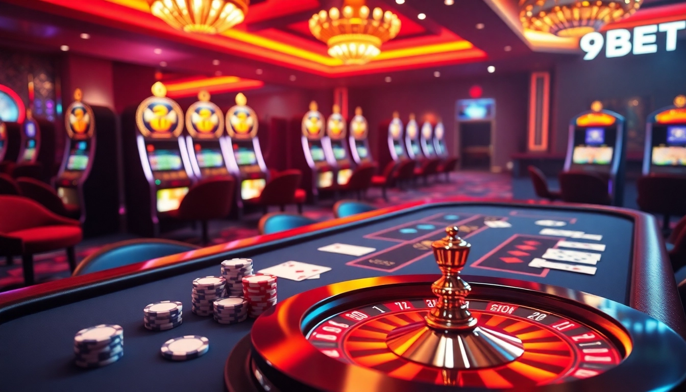 I9BET virtual casino table featuring vibrant cards, poker chips, and an elegant roulette wheel.