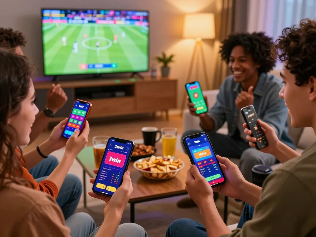 Friends enjoying live sports betting with the 3win app in a lively atmosphere.