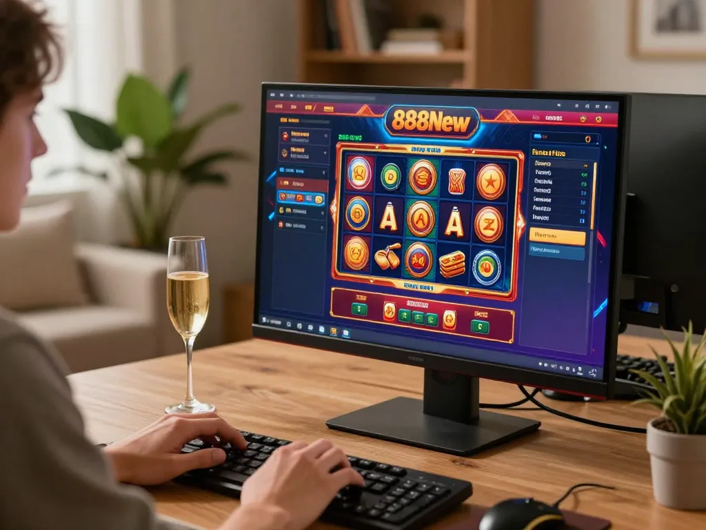 Player immersed in 888New online casino, showcasing vibrant gaming interface and festive atmosphere.