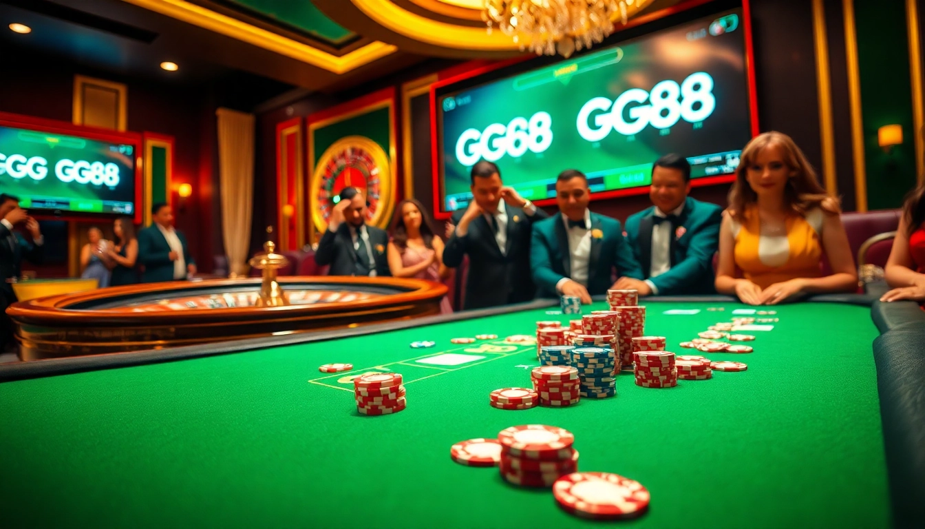 Players enjoy an exciting poker game at GG88 casino with vibrant chips and cards.