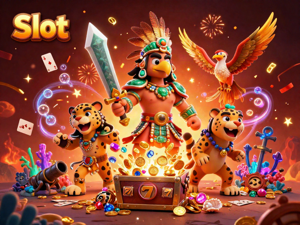 Slot menghadirkan suasana permainan dengan pejuang Aztec, jaguar, dan simbol jackpot yang berkilauan.