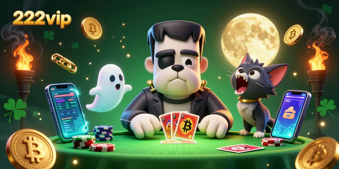 Jogue com 222vip enquanto um bulldog Frankenstein e um filhote de lobo interagem em um cenário de cassino.