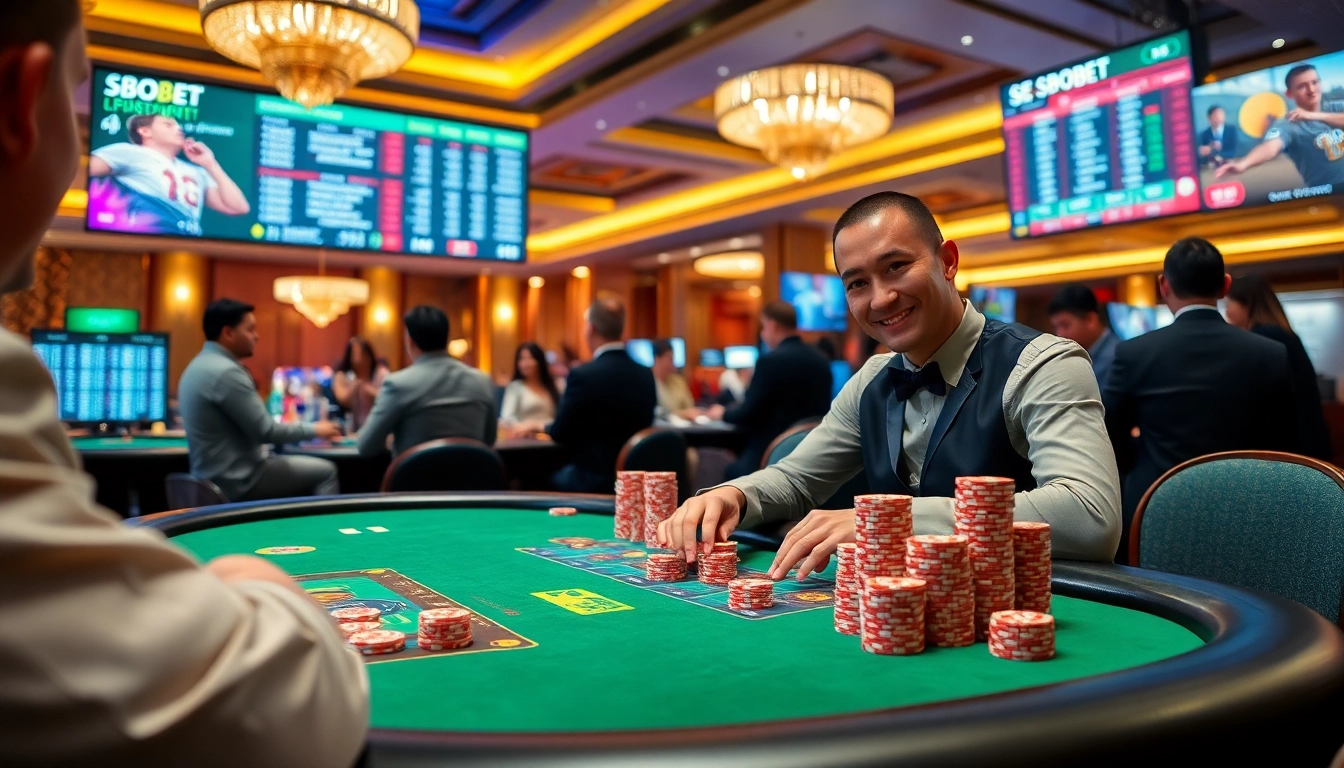 SBOBET players engaging in an exciting poker game with vibrant casino atmosphere.
