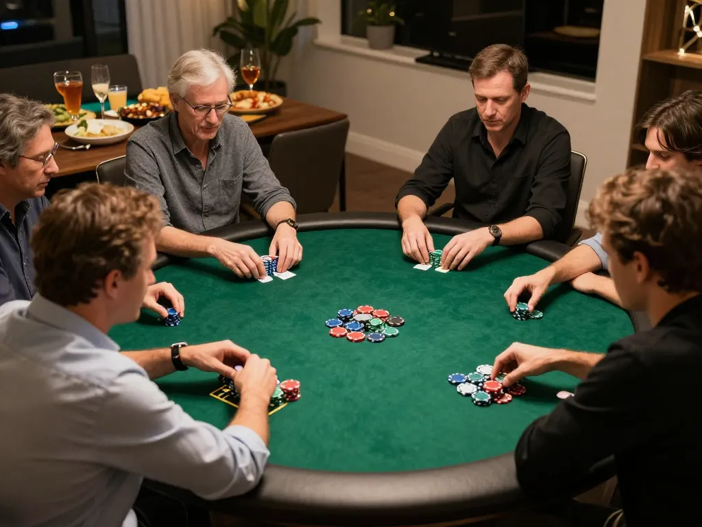 Players engaging in intense poker gameplay at shbet com private game night, showcasing strategy and camaraderie.