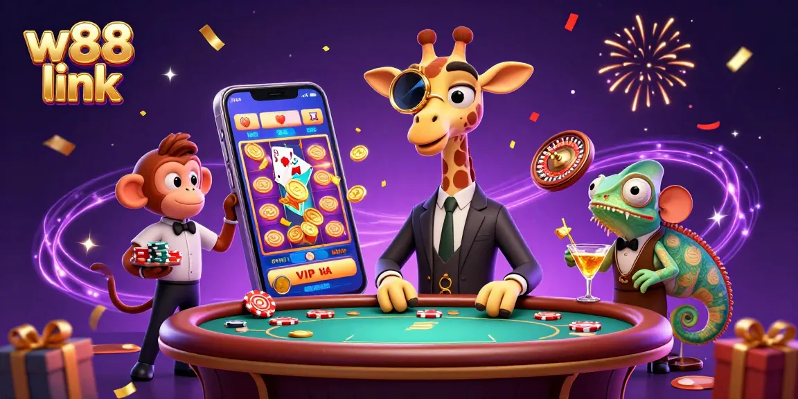Experience the excitement of w88 link with a dynamic 3D casino scene featuring vibrant characters and lively gambling elements.