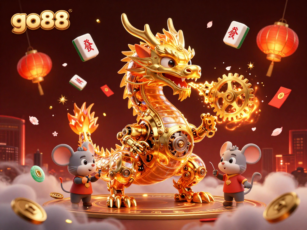 Experience the thrill of go88 as a dragon breathes gears and cogs amidst festive casino elements.
