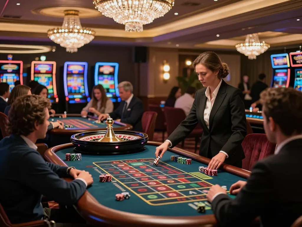 Kuwin players engage in strategic betting at a lively roulette table in a luxurious casino.