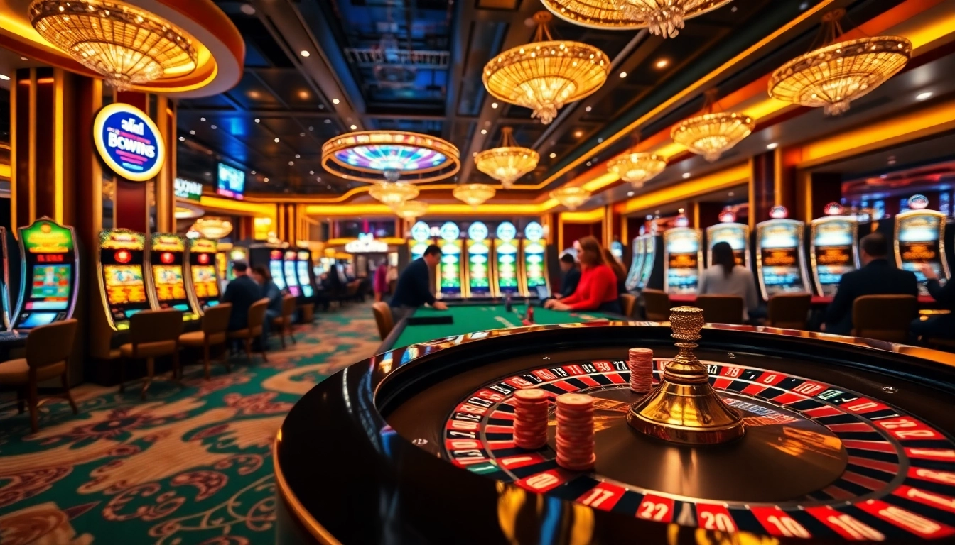 Exciting scene of gambling at Nhà cái 33win casino with roulette and slot machines.