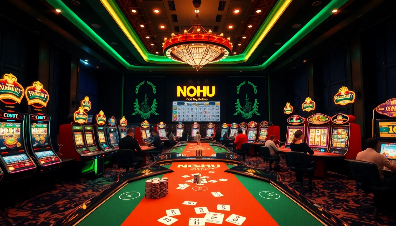 Experience thrilling online gaming at NOHU with vibrant slot machines and luxurious poker tables.