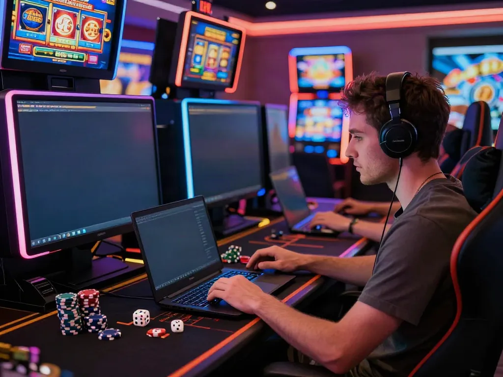 Engaged player in a vibrant online gambling setup showcasing akunjp slot games with multiple screens and gaming paraphernalia.
