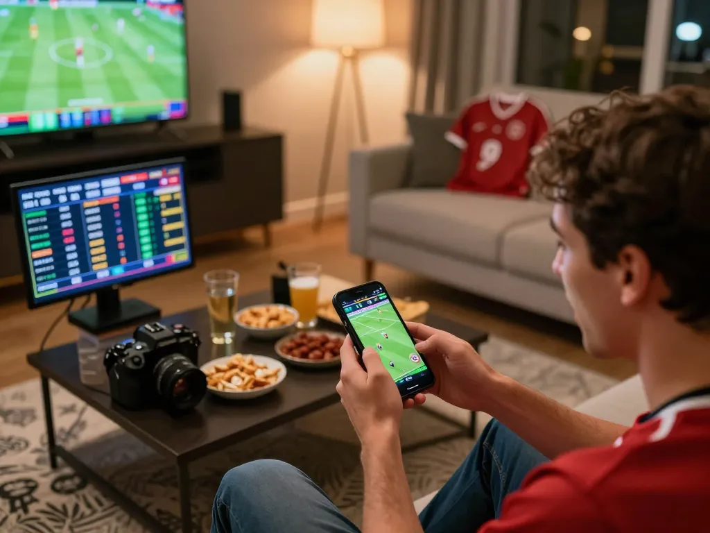 SBOBET88 sports betting excitement featuring a person engaging with a smartphone for live match updates in a stylish home setting.
