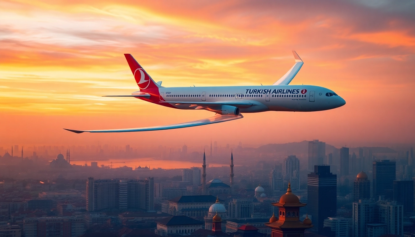 Turkish Airlines flight TK88 soaring above a cityscape at sunset, representing luxury travel.