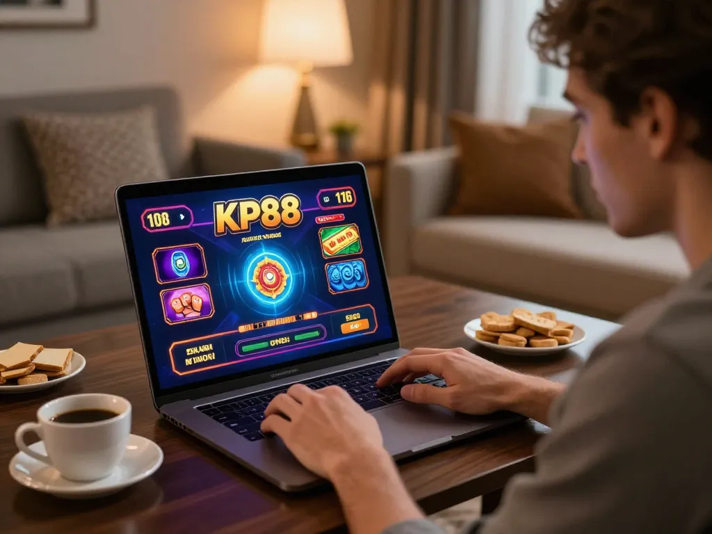 Player enjoying KP88's online gaming interface at home with engaging atmosphere
