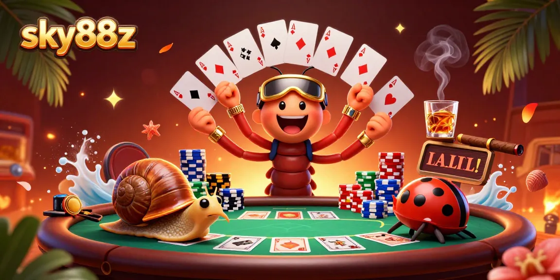 sky88z presents a vibrant casino scene with a millipede dealer and high-roller snail amidst exciting poker action.