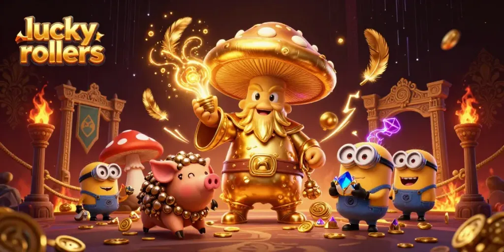 Experience the thrill of winning at lucky rollers in this vibrant 3D casino scene.