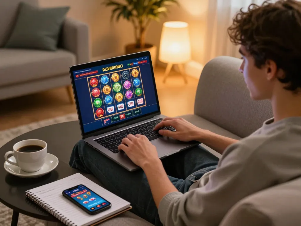 Engaging in Online Casino No Deposit gameplay at home with laptop and strategy notes