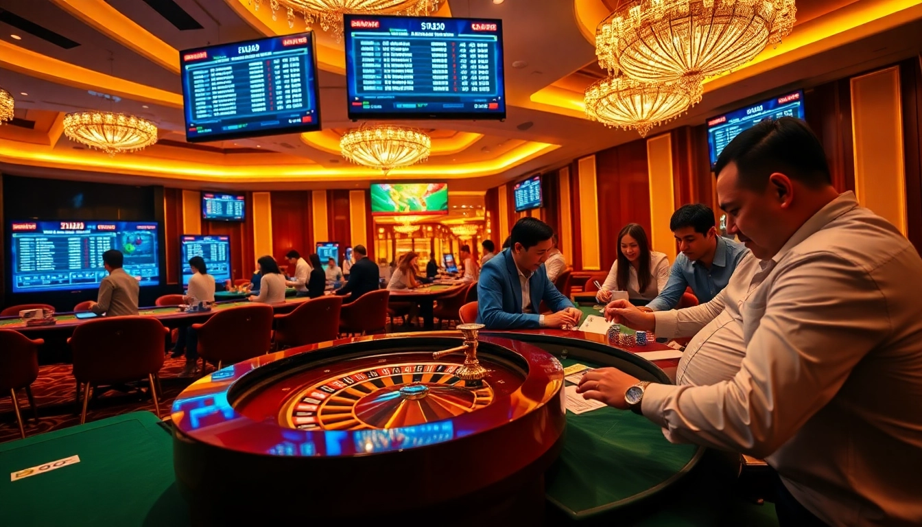 Excited gamblers engaging in keo nha cai betting at a luxurious casino.