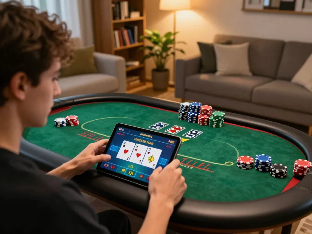Player engaging with 789P poker game on mobile tablet, showcasing strategy in cozy home setting.