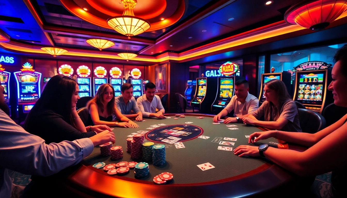 Exciting poker game at a luxurious casino, highlighting https://hay88.my/ immersive gaming experience.