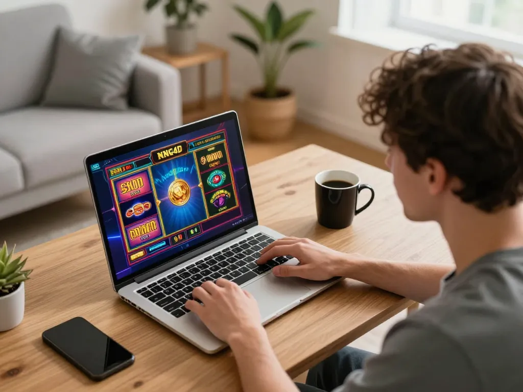 NENG4D player engages with online slot games on a laptop in a cozy home setting