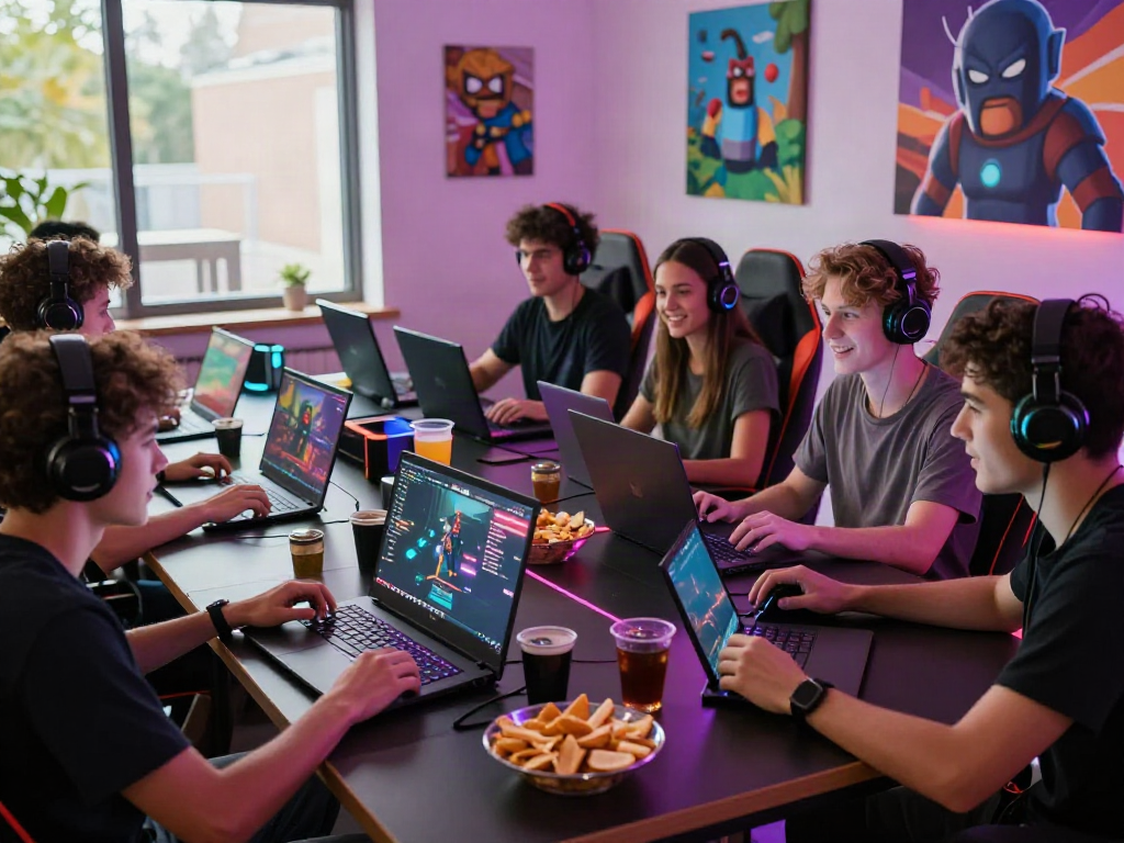 A80 gaming scene with friends engaging in multiplayer games, vibrant atmosphere and modern devices.