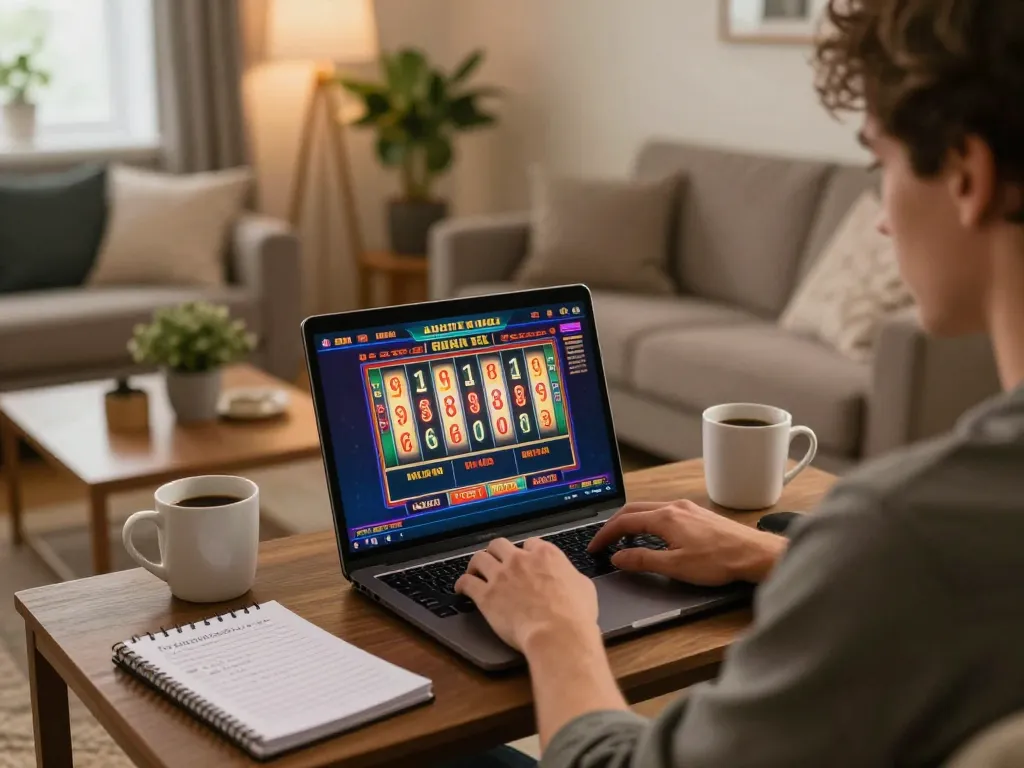 Player immersed in online slots at home showcasing O8 platform on a laptop