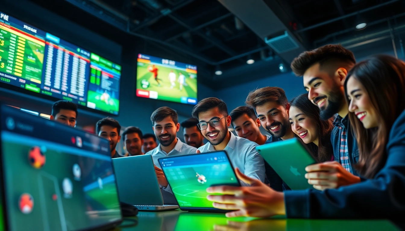 SBOBET online betting scene with diverse bettors enjoying live sports odds in an engaging, modern environment.