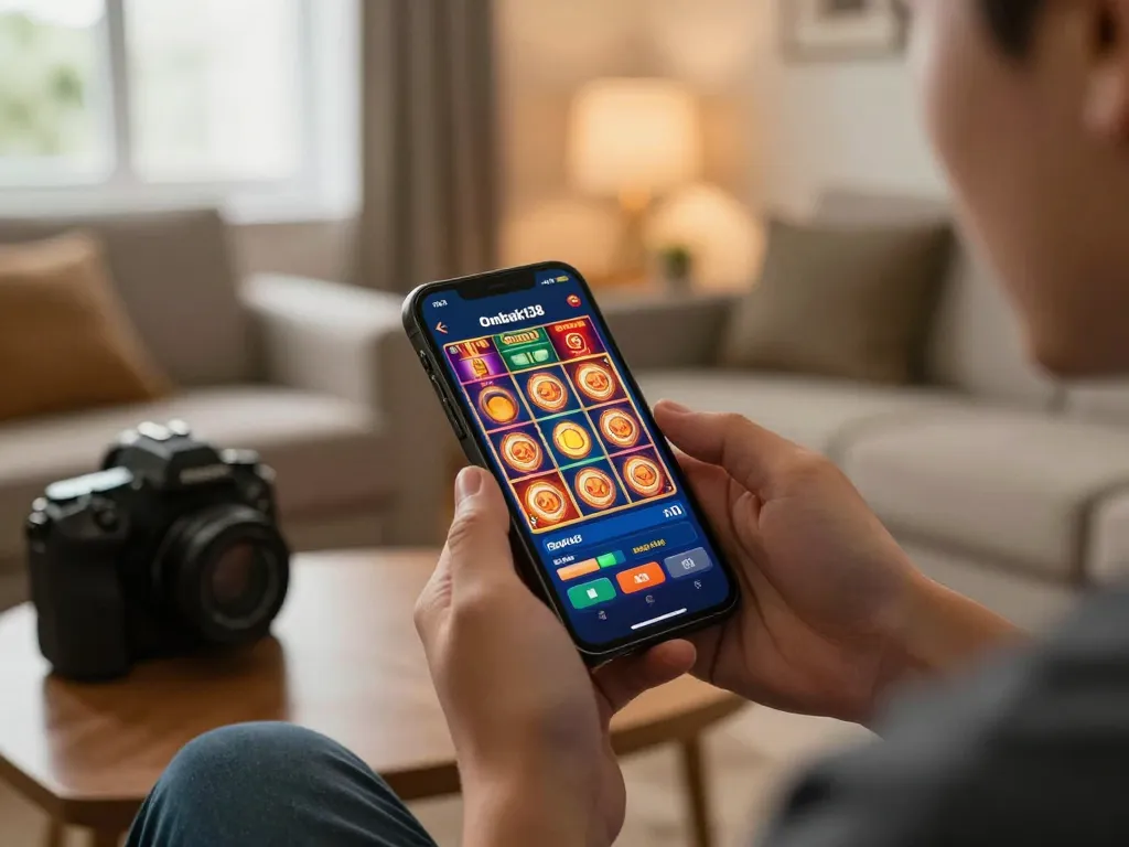 Gameplay yang menarik di aplikasi mobile Ombak138 yang menampilkan slot yang berwarna-warni dalam suasana rumah yang nyaman.