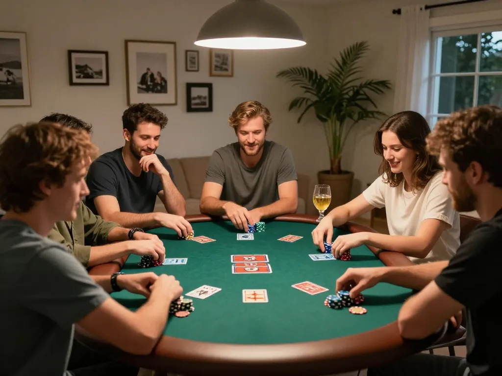 Engaging private poker game scene showcasing friends having fun, raising stakes di più with laughter and strategy