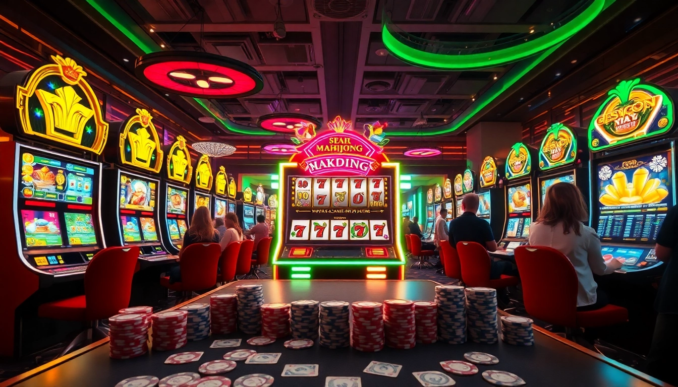 Players enjoying a demo slot game featuring Mahjong Ways Gacor X5000 Super Scatter in a vibrant casino.