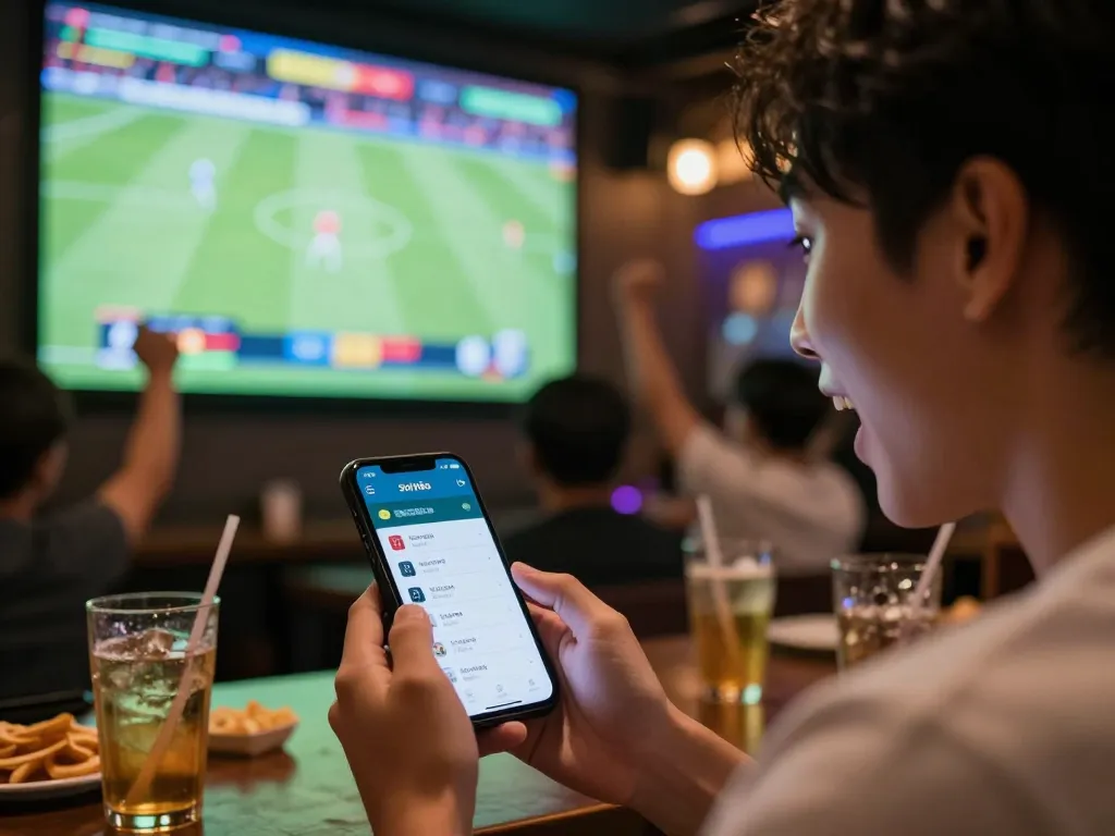 Soi Kèo sports betting action with a user placing bets while enjoying a football match in a lively bar setting