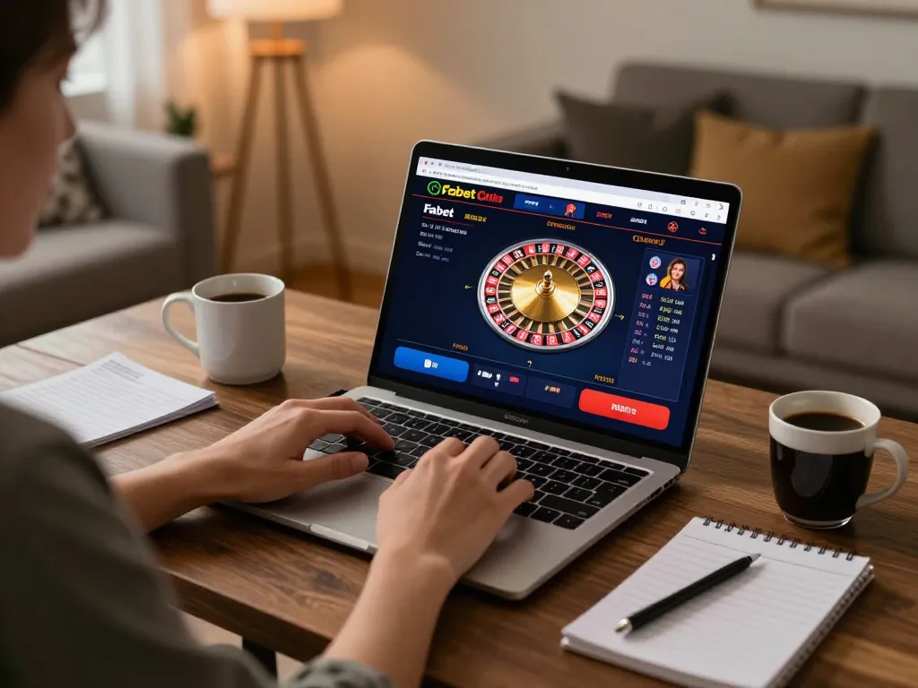 Engaging online gaming at fabet with person playing roulette on laptop in cozy home environment.