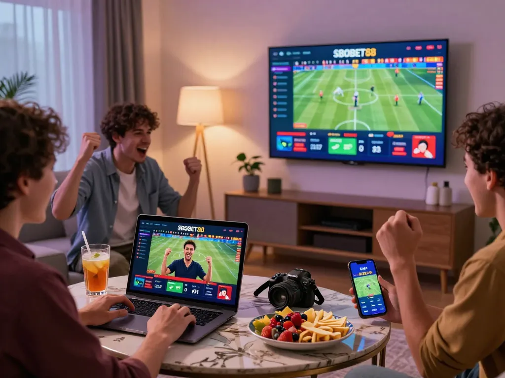 SBOBET88 online betting scene with users celebrating wins on laptop and smartphone.