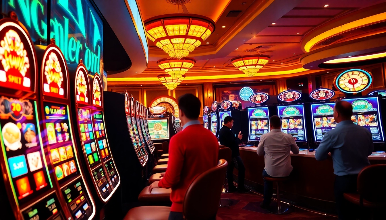 Players enjoying slot machines in a vibrant casino environment with colorful reels.