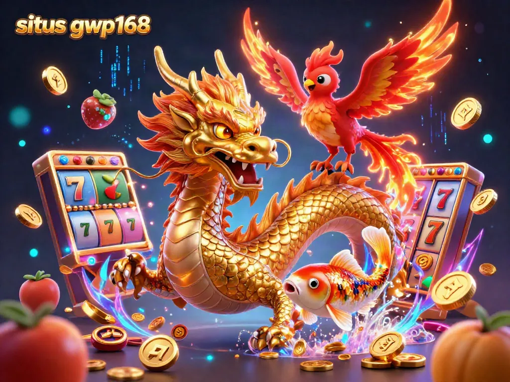 Slot GWP168 dengan naga emas dan burung phoenix terbang membawa keberuntungan.
